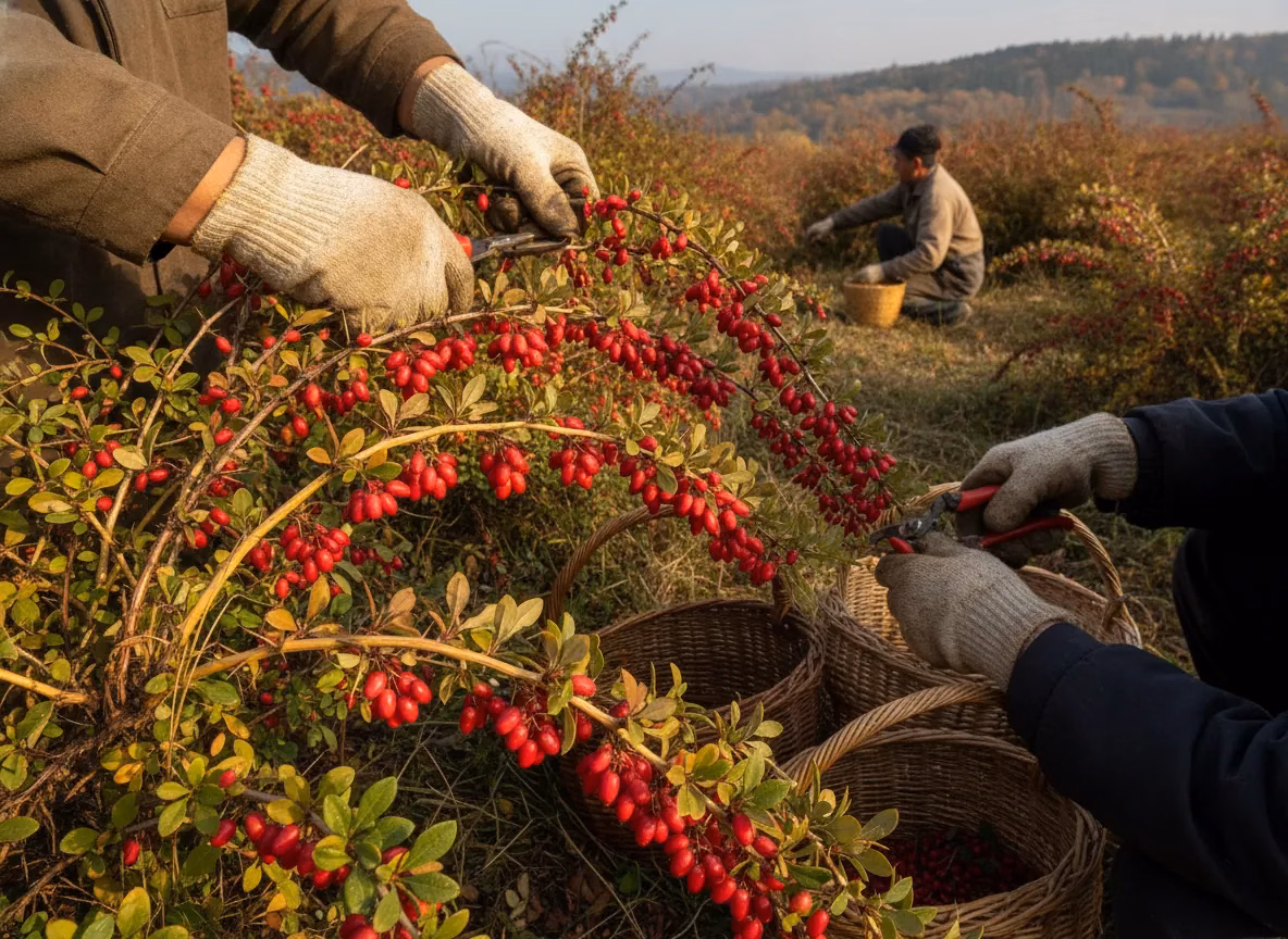 Barberry shrubs with bright red berries and yellow-cored stems being harvested (AI-generated illustration)