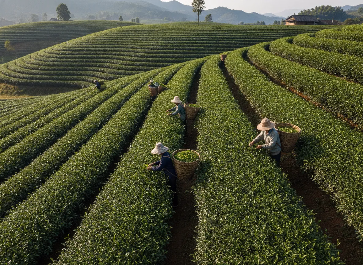 Fresh green tea leaves being hand-plucked on a terraced tea estate (AI-generated illustration)