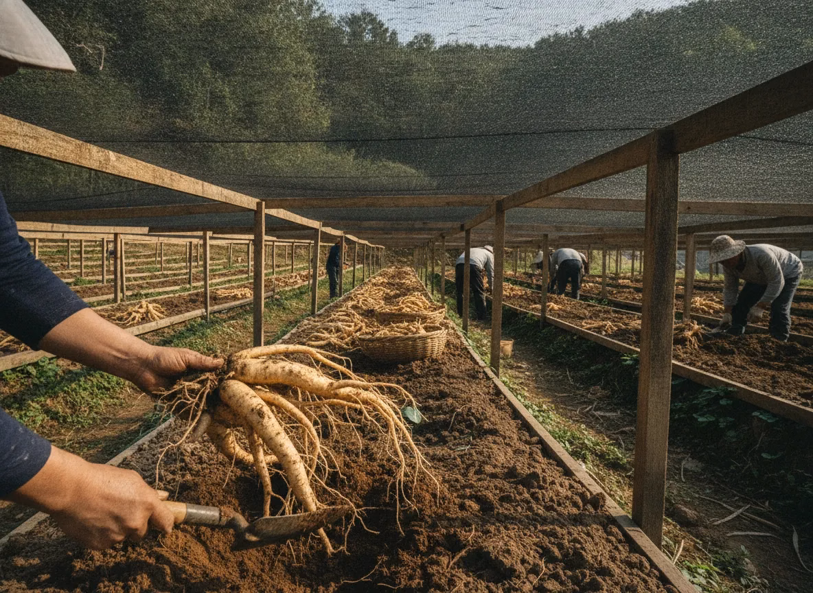 Korean ginseng roots being harvested from shaded ginseng beds (AI-generated illustration)